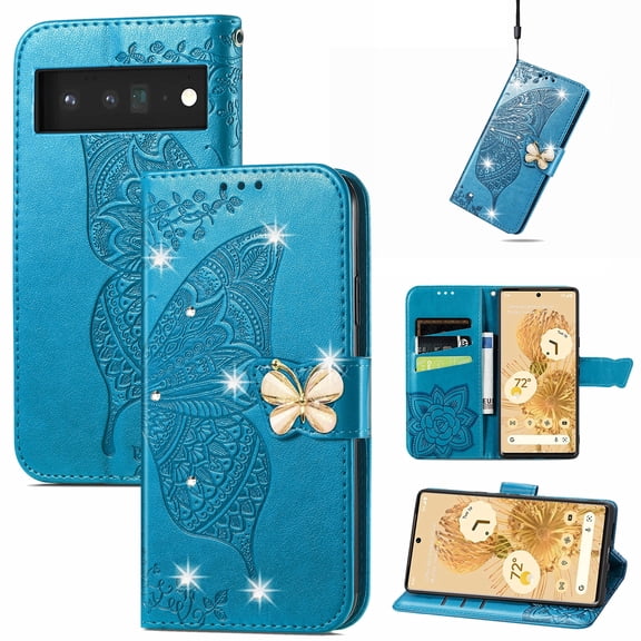 Allytech Compatible with Google Pixel 7 Case Embossed Diamond Butterfly Glitter Bling Case with Card Holder Stand Flip Wallet Shockproof Protective Cover for Google Pixel 7 5G Crystal Blue