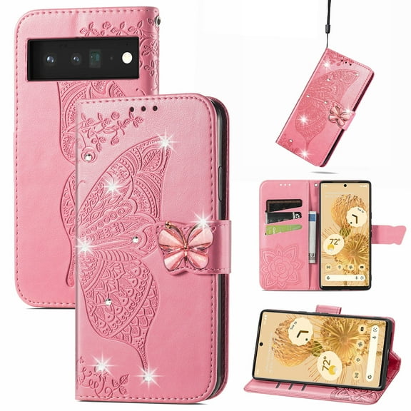 Allytech Compatible with Google Pixel 7 Pro Case Embossed Diamond Butterfly Glitter Bling Case with Card Holder Stand Flip Wallet Shockproof Protective Cover for Google Pixel 7 Pro 5G Crystal Pink