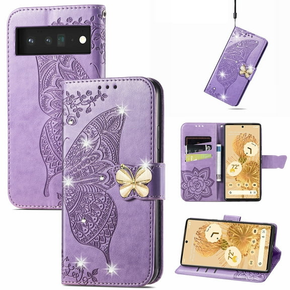 Allytech Compatible with Google Pixel 8 Case Embossed Diamond Butterfly Glitter Bling Case with Card Holder Stand Flip Wallet Shockproof Protective Cover for Google Pixel 8 5G Crystal Lightpurple