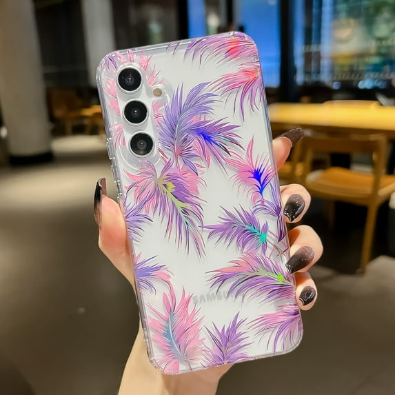 Allytech Compatible with Samsung Galaxy A54 5G Case, Clear Transparent Colorful Floral Trendy Case for Girls Women Shockproof Anti-Scratch Bumper - Purple Leaf