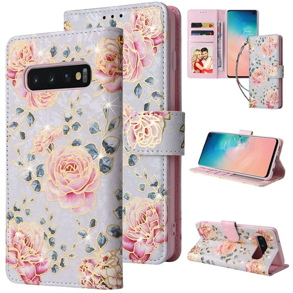 Allytech Compatible with Samsung Galaxy S10 Wallet Case for Women, Premium PU Leather Flip Cover with Card Holder and Kickstand Protective Phone Case for Samsung Galaxy S10, Pastoral Rose