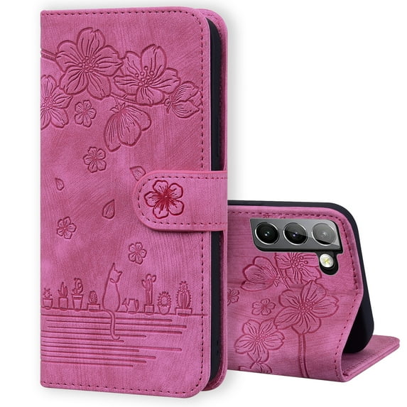 Allytech Compatible For Samsung Galaxy S22 Plus Pattern Embossed PU Leather Case Shockproof Stand Flip Wallet with Wrist Strap Cover.For Samsung Galaxy S22 Plus,Rose