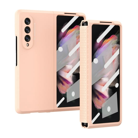 Allytech Compatible Samsung Galaxy Z Fold 3 2021 Case with TPU Hinge, Slim Hard PC Bumper All-Inclusive Anti-Drop Folding Cover with Built-in Tempered Glass Front Film Case for Galaxy Z Fold3 5G,Pink