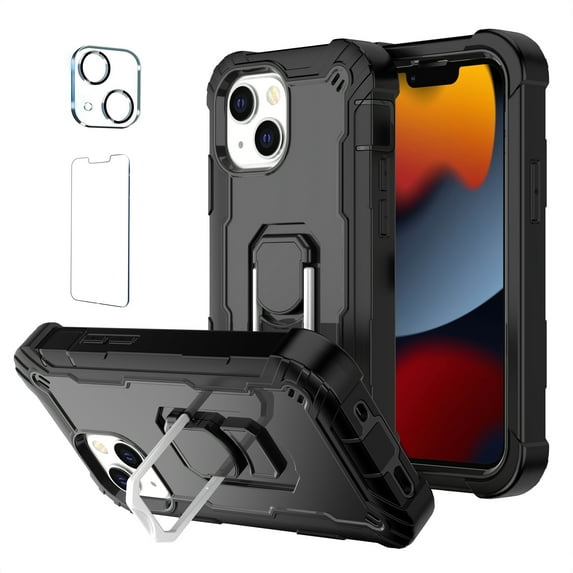 Allytech Compatible for iPhone 13 Mini 5.4"(2021) Case, 3-Layer PC & TPU Shockproof+ 1 PCS Tempered Glass Clear Screen Protector + 1 PCS Camera Protector + Ring Holder Stand Cover, Black