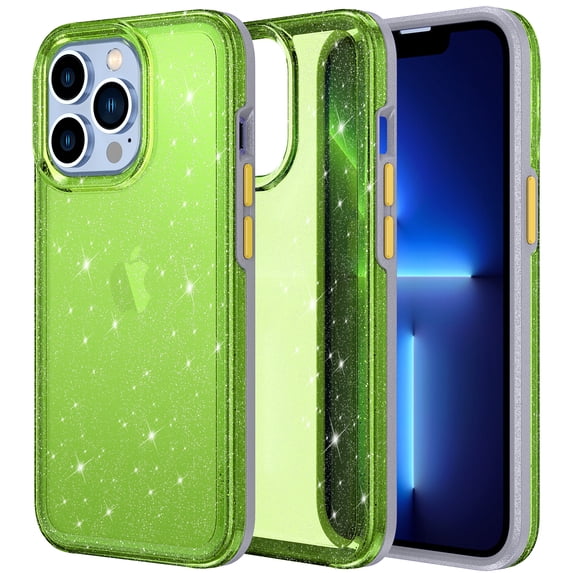 Allytech Compatible with iPhone 13 Pro 2021(6.1 inch), Crystal Clear Sparkly Bling TPU + Hard PC Hybrid Anti-Scratch Slim Case for Women Girls for iPhone 13 Pro 6.1", Green+Gray