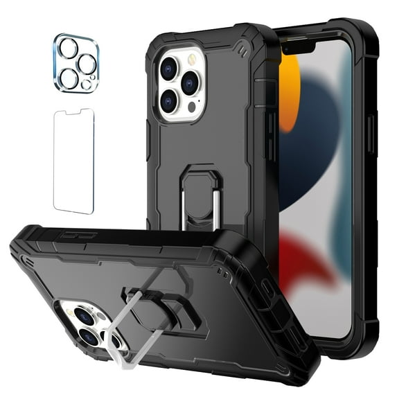 Allytech Compatible for iPhone 13 Pro 6.1"(2021) Case, 3-Layer PC & TPU Shockproof+ 1 PCS Tempered Glass Clear Screen Protector + 1 PCS Camera Protector + Ring Holder Stand Cover, Black