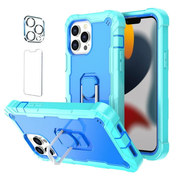 Allytech Compatible for iPhone 13 Pro 6.1"(2021) Case, 3-Layer PC & TPU Shockproof+ 1 PCS Tempered Glass Clear Screen Protector + 1 PCS Camera Protector + Ring Holder Stand Cover, Green + Blue