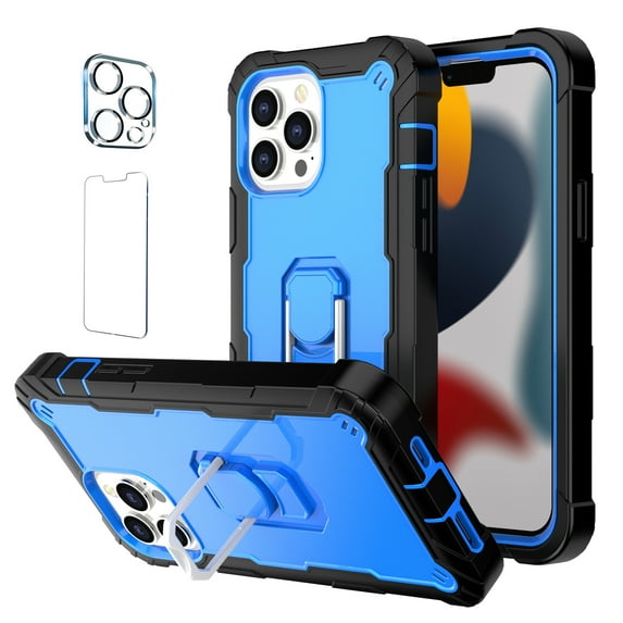 Allytech Compatible for iPhone 13 Pro 6.1"(2021) Case, 3-Layer PC & TPU Shockproof+ 1 PCS Tempered Glass Clear Screen Protector + 1 PCS Camera Protector + Ring Holder Stand Cover, Black + Blue
