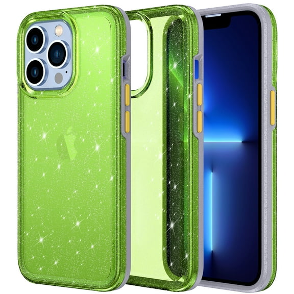 Allytech Compatible with iPhone 13 Pro Max 2021(6.7 inch), Crystal Clear Sparkly Bling TPU + Hard PC Hybrid Anti-Scratch Slim Case for Women Girls for iPhone 13 Pro Max 6.7", Green+Gray