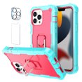 thumbnail image 1 of Allytech Compatible for iPhone 13 Pro Max 6.7"(2021) Case, 3-Layer PC & TPU Shockproof+ 1 PCS Tempered Glass Clear Screen Protector + 1 PCS Camera Protector + Ring Holder Stand Cover, Green + Rose, 1 of 1