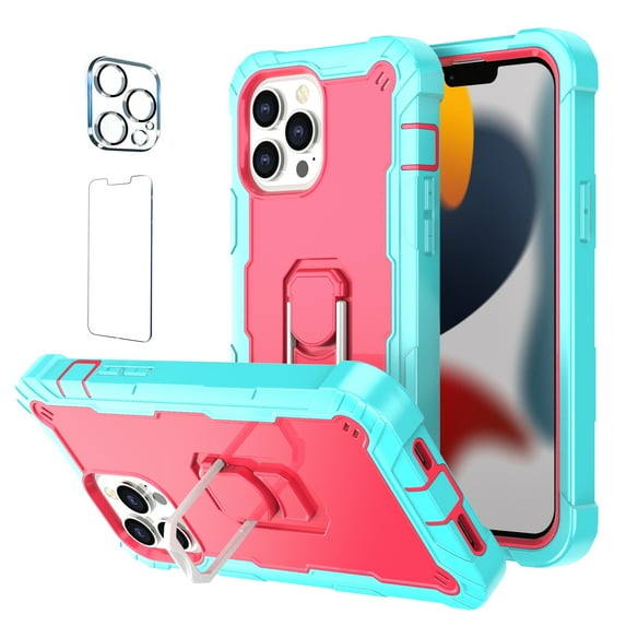 Allytech Compatible for iPhone 13 Pro Max 6.7"(2021) Case, 3-Layer PC & TPU Shockproof+ 1 PCS Tempered Glass Clear Screen Protector + 1 PCS Camera Protector + Ring Holder Stand Cover, Green + Rose