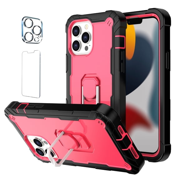 Allytech Compatible for iPhone 13 Pro Max 6.7"(2021) Case, 3-Layer PC & TPU Shockproof+ 1 PCS Tempered Glass Clear Screen Protector + 1 PCS Camera Protector + Ring Holder Stand Cover, Black + Rose