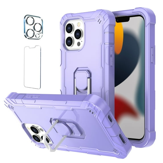 Allytech Compatible for iPhone 13 Pro Max 6.7"(2021) Case, 3-Layer PC & TPU Shockproof+ 1 PCS Tempered Glass Clear Screen Protector + 1 PCS Camera Protector + Ring Holder Stand Cover, Purple