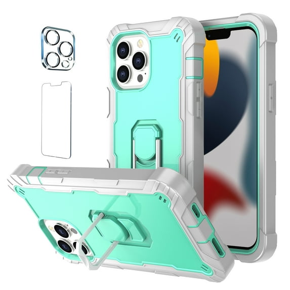 Allytech Compatible for iPhone 13 Pro Max 6.7"(2021) Case, 3-Layer PC & TPU Shockproof+ 1 PCS Tempered Glass Clear Screen Protector + 1 PCS Camera Protector + Ring Holder Stand Cover, Gray + Green