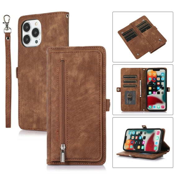Allytech Compatible For iPhone 13 Pro Zipper Wallet Case,Luxury Retro PU Leather Shockproof Magnetic Flip Stand Case Cover with Wrist Strap.For iPhone 13 Pro,Brown
