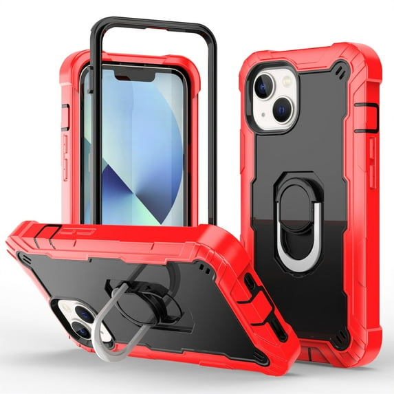 Allytech Compatible for iPhone 14 5G Case with Kickstand, Military Grade Heavy Duty Shockproof Protective Ring Holder Cover Case for Apple iPhone 14 6.1" 2022, Red + Black