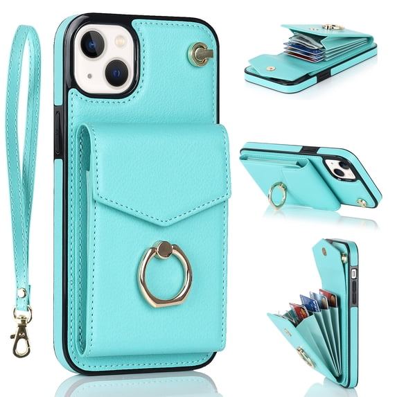 Allytech Compatible with iPhone 14 Case Wallet with Card Holder, 360°Rotation Finger Ring Holder Kickstand RFID Blocking PU Leather Protective Case with Hand Strap Case for iPhone 14 6.1" 2022, Mint
