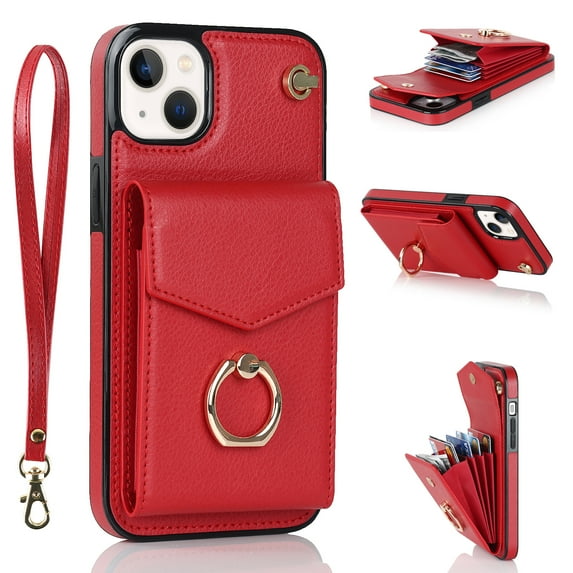 Allytech Compatible with iPhone 14 Case Wallet with Card Holder, 360°Rotation Finger Ring Holder Kickstand RFID Blocking PU Leather Protective Case with Hand Strap Case for iPhone 14 6.1" 2022, Red