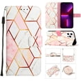 thumbnail image 1 of Allytech Compatible with iPhone 14 Pro Max Wallet Case, Marble Series PU Leather Flip Card Holder and Kickstand Case with Detachable Shoulder Strap/ Wrist Strap, Pink White Grid Marble, 1 of 11