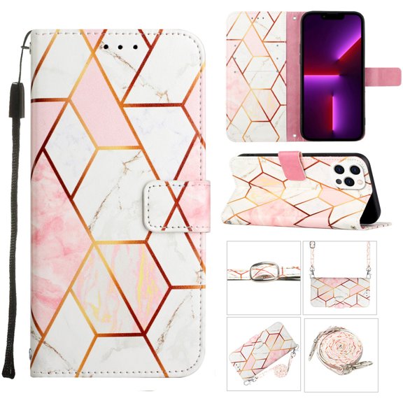 Allytech Compatible with iPhone 14 Pro Max Wallet Case, Marble Series PU Leather Flip Card Holder and Kickstand Case with Detachable Shoulder Strap/ Wrist Strap, Pink White Grid Marble