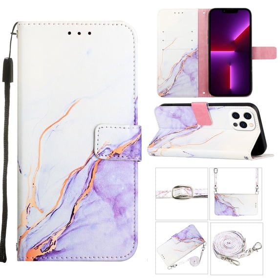 Allytech Compatible with iPhone 14 Pro Max Wallet Case, Marble Series PU Leather Flip Card Holder and Kickstand Case with Detachable Shoulder Strap/ Wrist Strap, White Purple Marble