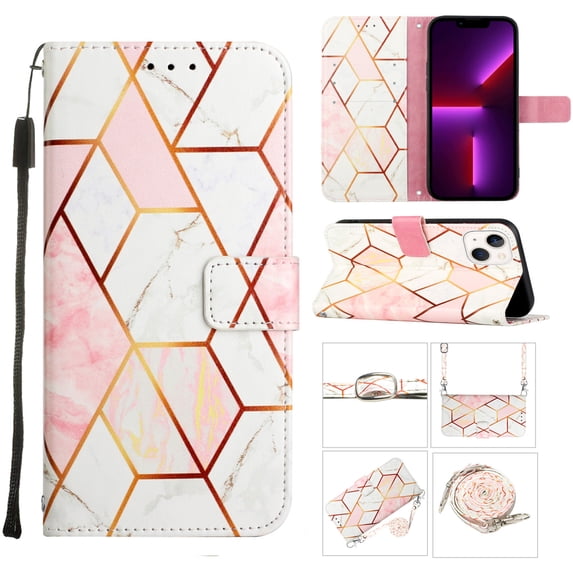 Allytech Compatible with iPhone 14 Wallet Case, Marble Series Premium PU Leather Flip Cover with Card Holder and Kickstand Case with Detachable Shoulder Strap/ Wrist Strap, Pink White Grid Marble