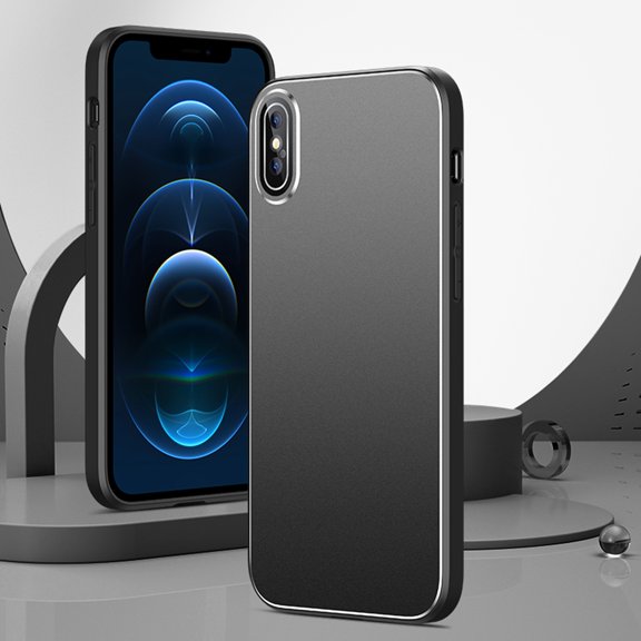 Allytech Compatible with iPhone Xs Case/iPhone X Metal Back Hybrid Case, Slim Fit Shockproof Aluminum Alloy Brushed Back, Silicone Bumper Protective Camera Protection Cover, Black