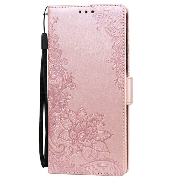 Allytech Compatible with iPhone 13 PU Pattern Embossed Case,Magnetic Kickstand Flip Wallet Shockproof Cover with Wrist Strap.For iPhone 13,Rosegold