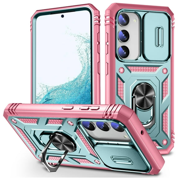 Allytech Cover Case for Samsung Galaxy S23 with Slide Camera Cover, Hard PC Back & Soft TPU Bumper Drop Proof Lens Protection Ring Holder Kickstand Rugged Case for Galaxy S23 5G 6.1" 2023, Mint+Pink