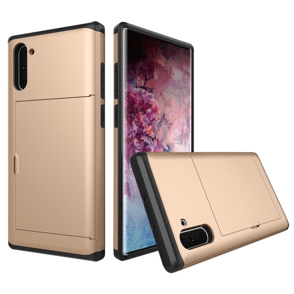 Allytech Cover for Galaxy Note 10 Case Wallet Credit Card Holder ID Slot Sliding Hidden Pocket Anti-Scratch Dual Layer Protective Hard Shell Rugged TPU Bumper Armor for Samsung Galaxy Note 10, Gold