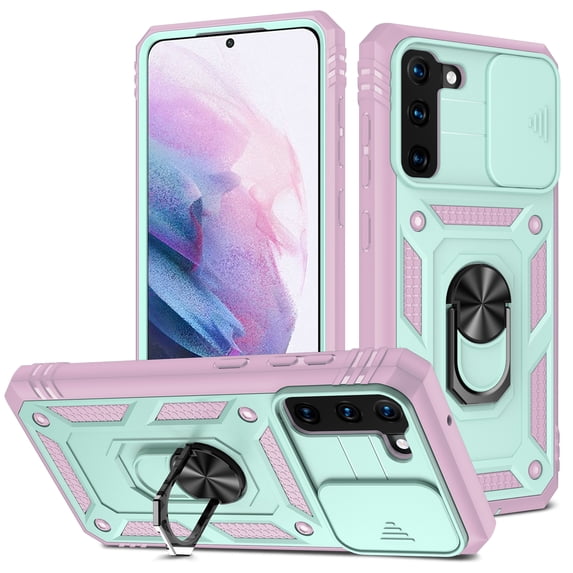 Allytech Cover for Samsung Galaxy S22 Case with Slide Camera Cover, Hard PC Back & Soft Bumper Drop Proof Lens Protection Ring Holder Kickstand Case for Galaxy S22 5G 6.1" 2022, Grayish Green + Pink