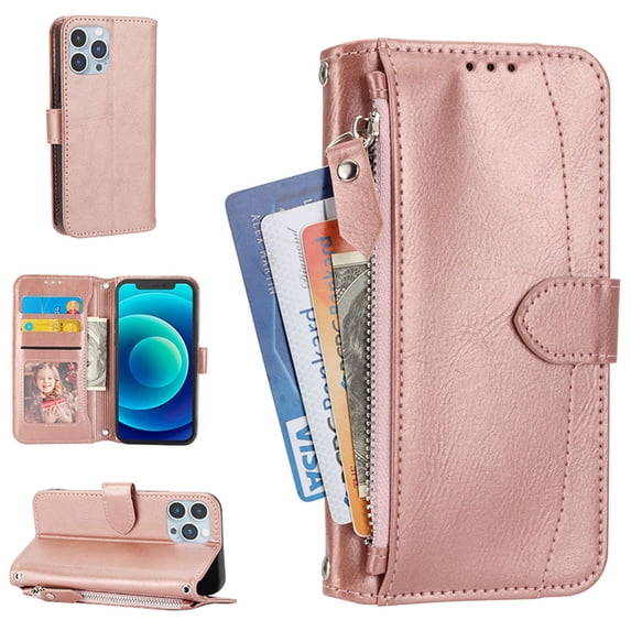 Allytech CrossBody Wallet Case for iPhone 13 Pro,Shoulder Strap + Wristlet Card Holder Kickstand Magnetic Folio Closure Zipper Flip Pouch PU Leather Case for iPhone 13 Pro, Rosegold