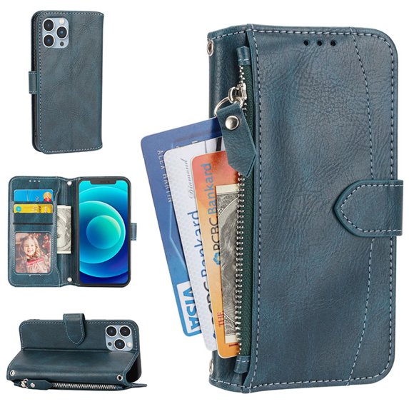 Allytech CrossBody Wallet Case for iPhone 13 Pro,Shoulder Strap + Wristlet Card Holder Kickstand Magnetic Folio Closure Zipper Flip Pouch PU Leather Case for iPhone 13 Pro, Green