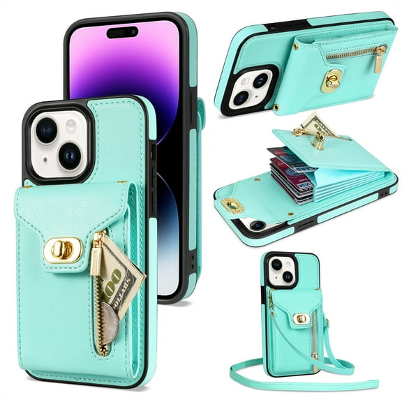 Allytech Crossbag Case for Apple iPhone 14 Plus 6.7" - PU Leather TPU Back Cover Multiple Cards Slots Zipper Pocket Wallet Shockproof Bumper Protective Phone Case for iPhone 14 Plus - Mint