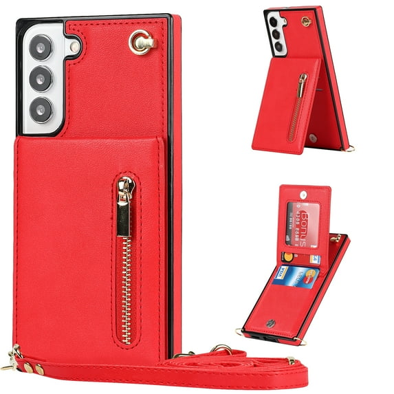 Allytech Crossbody Case for Samsung Galaxy S22 6.1 Inch, PU Leather Protective Credit Card Holder Zipper Purse Kickstand Handbag Case with Shoulder Strap Women Girl Cover for Galaxy S22 2022, Red