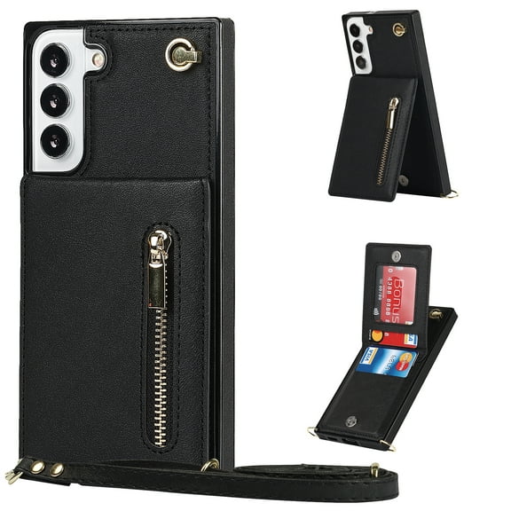 Allytech Crossbody Case for Samsung Galaxy S23 6.1", PU Leather Protective Credit Card Holder Zipper Purse Kickstand Handbag Case with Shoulder Strap Women Girl Cover for Galaxy S23 2023, Black