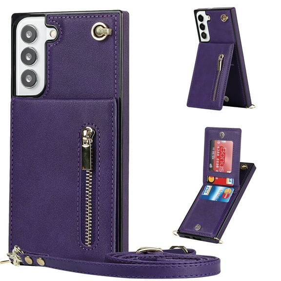 Allytech Crossbody Case for Samsung Galaxy S23 Plus 6.6", PU Leather Protective Credit Card Holder Zipper Purse Kickstand Handbag Case with Shoulder Strap Women Girl Cover for Galaxy S23+ 2023, Purple