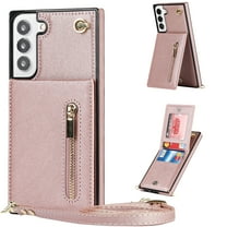 Allytech Crossbody Case for Samsung Galaxy S25 FE 6.7", PU Leather Protective Credit Card Holder Zipper Purse Kickstand Handbag Case with Shoulder Strap Women Girl Cover for Galaxy S25 FE,Rosegold