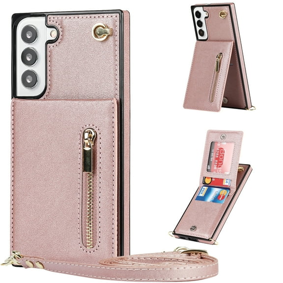 Allytech Crossbody Case for Samsung Galaxy S25 FE 6.7", PU Leather Protective Credit Card Holder Zipper Purse Kickstand Handbag Case with Shoulder Strap Women Girl Cover for Galaxy S25 FE,Rosegold