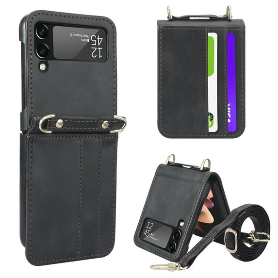 Allytech Crossbody Lanyard Case for Samsung Galaxy Z Flip 4 5G 2022, Galaxy Z Flip 4 Wallet Case with Card Holder, PU Leather Adjustable Shoulder Strap Case for Galaxy Z Flip4 5G, Black