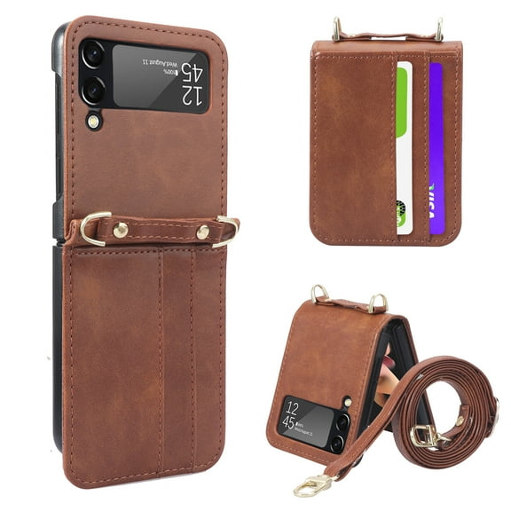 Allytech Crossbody Lanyard Case for Samsung Galaxy Z Flip 4 5G 2022, Galaxy Z Flip 4 Wallet Case with Card Holder, PU Leather Adjustable Shoulder Strap Case for Galaxy Z Flip4 5G, Brown
