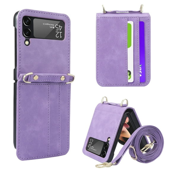Allytech Crossbody Lanyard Case for Samsung Galaxy Z Flip 4 5G 2022, Galaxy Z Flip 4 Wallet Case with Card Holder, PU Leather Adjustable Shoulder Strap Case for Galaxy Z Flip4 5G, Purple