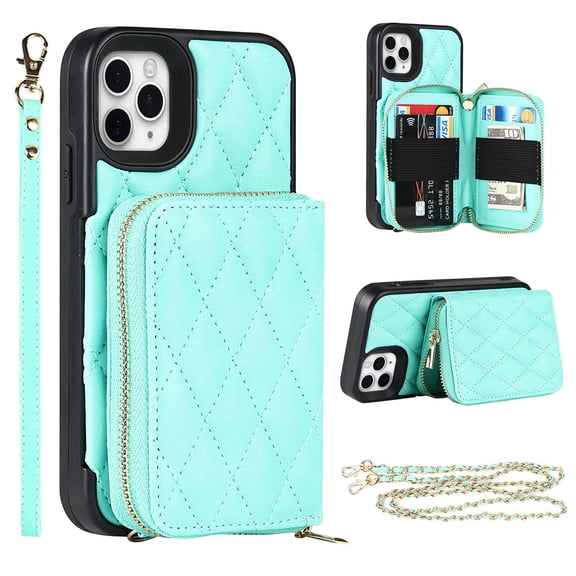 Allytech Crossbody Wallet Case for iPhone 11 Pro, Quilted PU Leather Zipper Handbag Purse Flip Kickstand Folio Card Slots Holder Wrist Strap Lanyard Cover for iPhone 11 Pro 5.8", Green