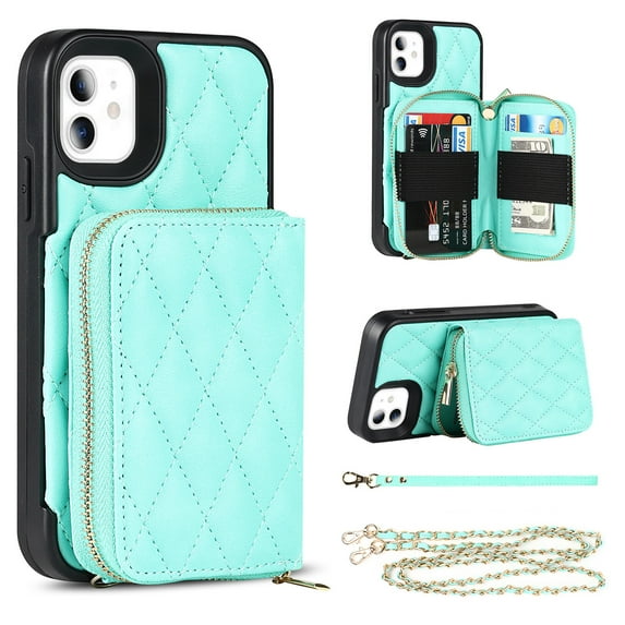 Allytech Crossbody Wallet Case for iPhone 12/12 Pro, Quilted PU Leather Zipper Handbag Purse Flip Kickstand Folio Card Slots Holder Wrist Strap Lanyard Cover for iPhone 12/12 Pro 6.1", Green
