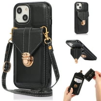 Allytech Crossbody Wallet Case for iPhone 13 6.1" 2021, PU Leather Handbag Purse Bracket Kickstand Card Pocket Adjustable Detachable Necklace Lanyard Buckle Protective Cover for Women Girls, Black