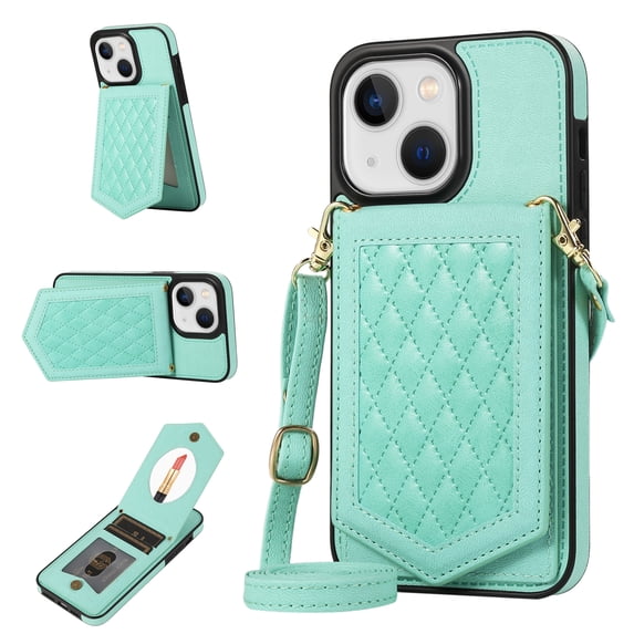 Allytech Crossbody Wallet Case for iPhone 13 Mini with RFID Blocking Card Slot Holder, Magnetic Closure Folio Flip Stand Purse Detachable Shoulder Strap Case for iPhone 13 Mini 5.4" 5G 2021, Green
