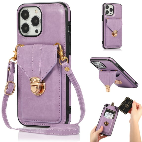 Allytech Crossbody Wallet Case for iPhone 13 Pro 6.1" 2021, PU Leather Handbag Purse Bracket Kickstand Card Pocket Adjustable Detachable Necklace Lanyard Buckle Protective Cover for Women Girls,Purple