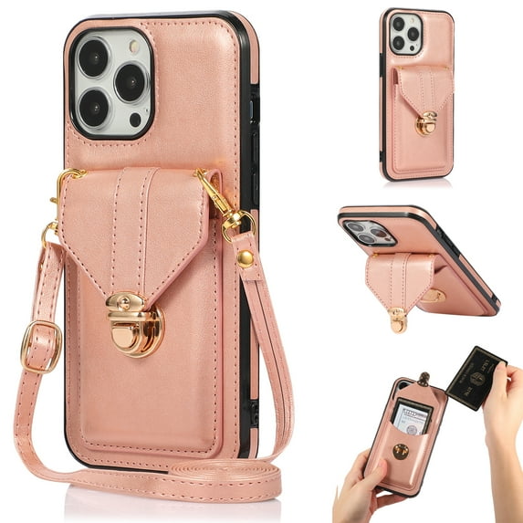 Allytech Crossbody Wallet Case for iPhone 13 Pro Max 6.7" 2021, PU Leather Handbag Purse Bracket Kickstand Card Pocket Adjustable Detachable Necklace Lanyard Buckle Protective Cover for Women,Rosegold