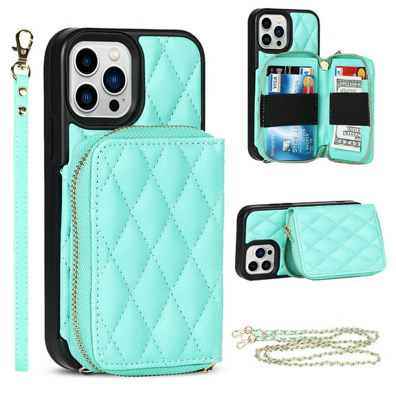 Allytech Crossbody Wallet Case for iPhone 13 Pro, Quilted PU Leather Zipper Handbag Purse Flip Kickstand Folio Card Slots Holder Wrist Strap Lanyard Cover for iPhone 13 Pro 6.1", Green
