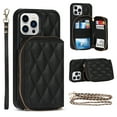 thumbnail image 1 of Allytech Crossbody Wallet Case for iPhone 13 Pro, Quilted PU Leather Zipper Handbag Purse Flip Kickstand Folio Card Slots Holder Wrist Strap Lanyard Cover for iPhone 13 Pro 6.1", Black, 1 of 6